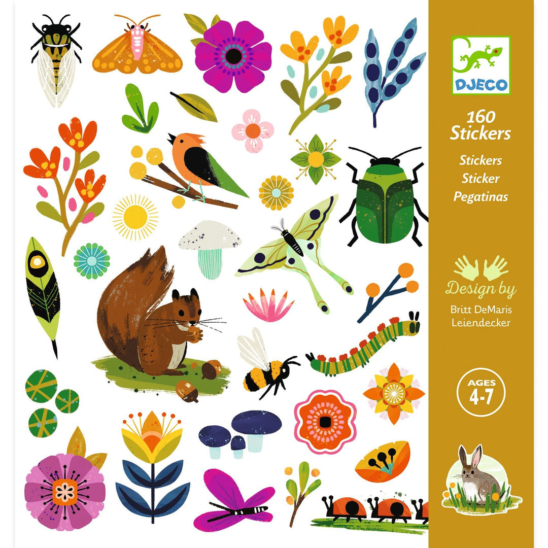 Sticker sheet packaging featuring a variety of flowers, bugs, birds, and backyard creatures in an illustrative style and warm colors