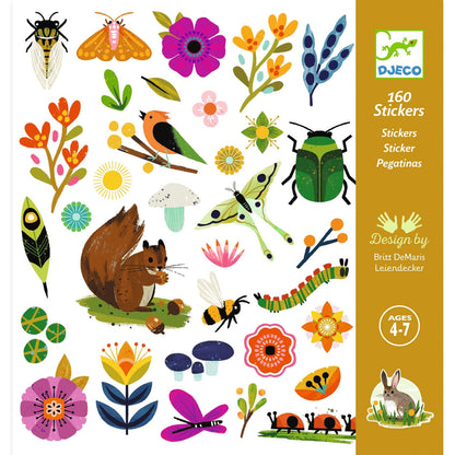 Sticker sheet packaging featuring a variety of flowers, bugs, birds, and backyard creatures in an illustrative style and warm colors