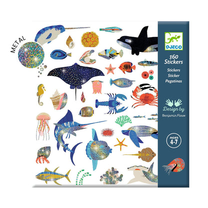 DJECO sticker pack with cover featuring a variety of whales, fish, and marine animals with sparkly, metallic accents