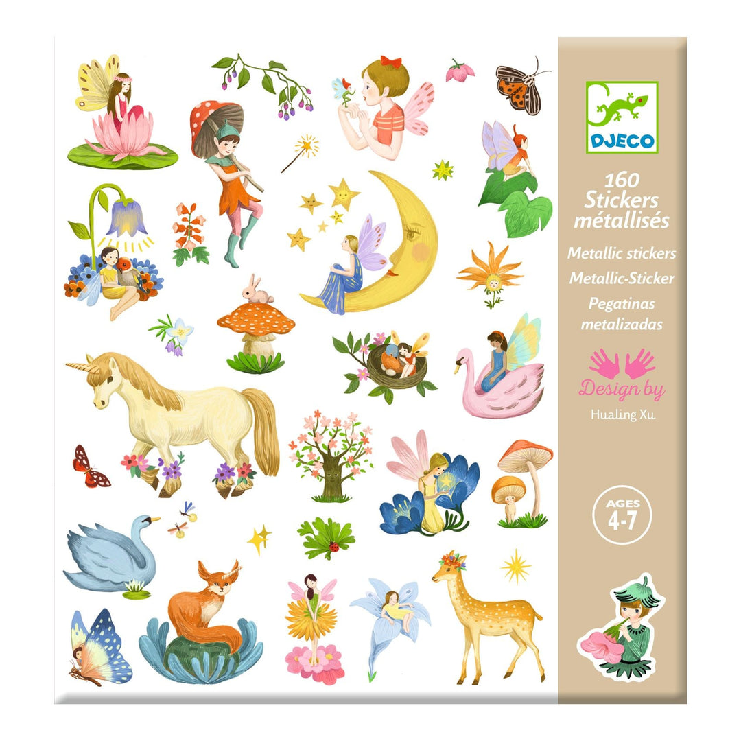 Packaging of Djeco fairy stickers with illustrations of fairies, animals, and nature elements.