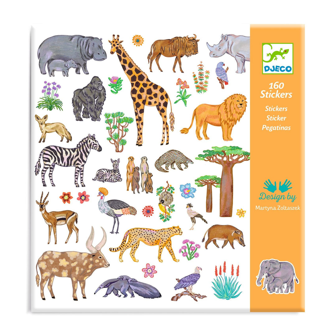 Sticker package features a variety of different savannah animals, like hippos, giraffes, meercats, and zebras in an illustrative style
