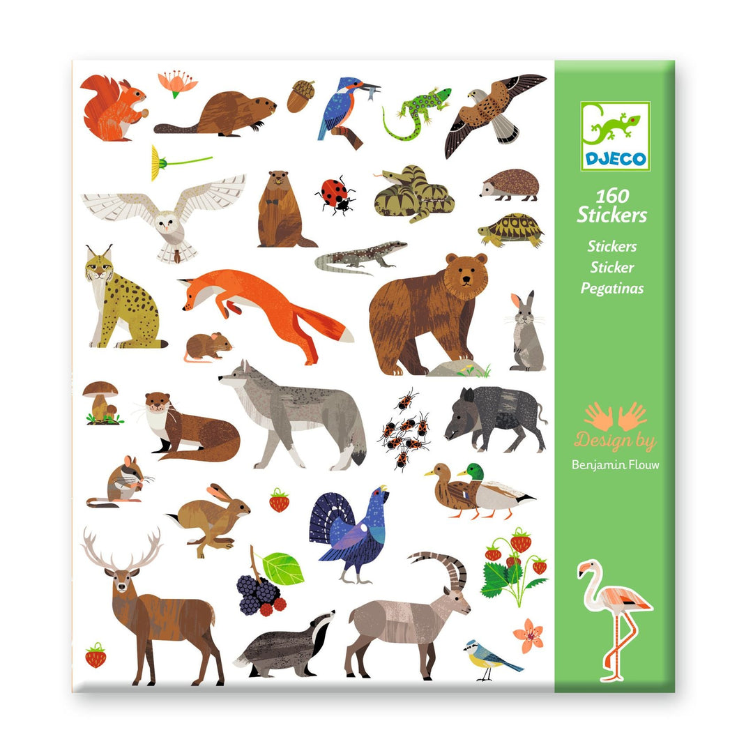 DJECO sticker pack with a green and white cover featuring a large variety of birds, mammals, and reptiles in a illustrative style