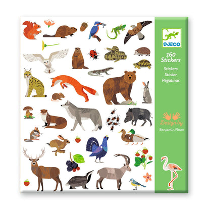 DJECO sticker pack with a green and white cover featuring a large variety of birds, mammals, and reptiles in a illustrative style
