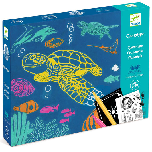 Blue kit box featuring line art of a yellow turtle, teal dolphin, and yellow and pink fish