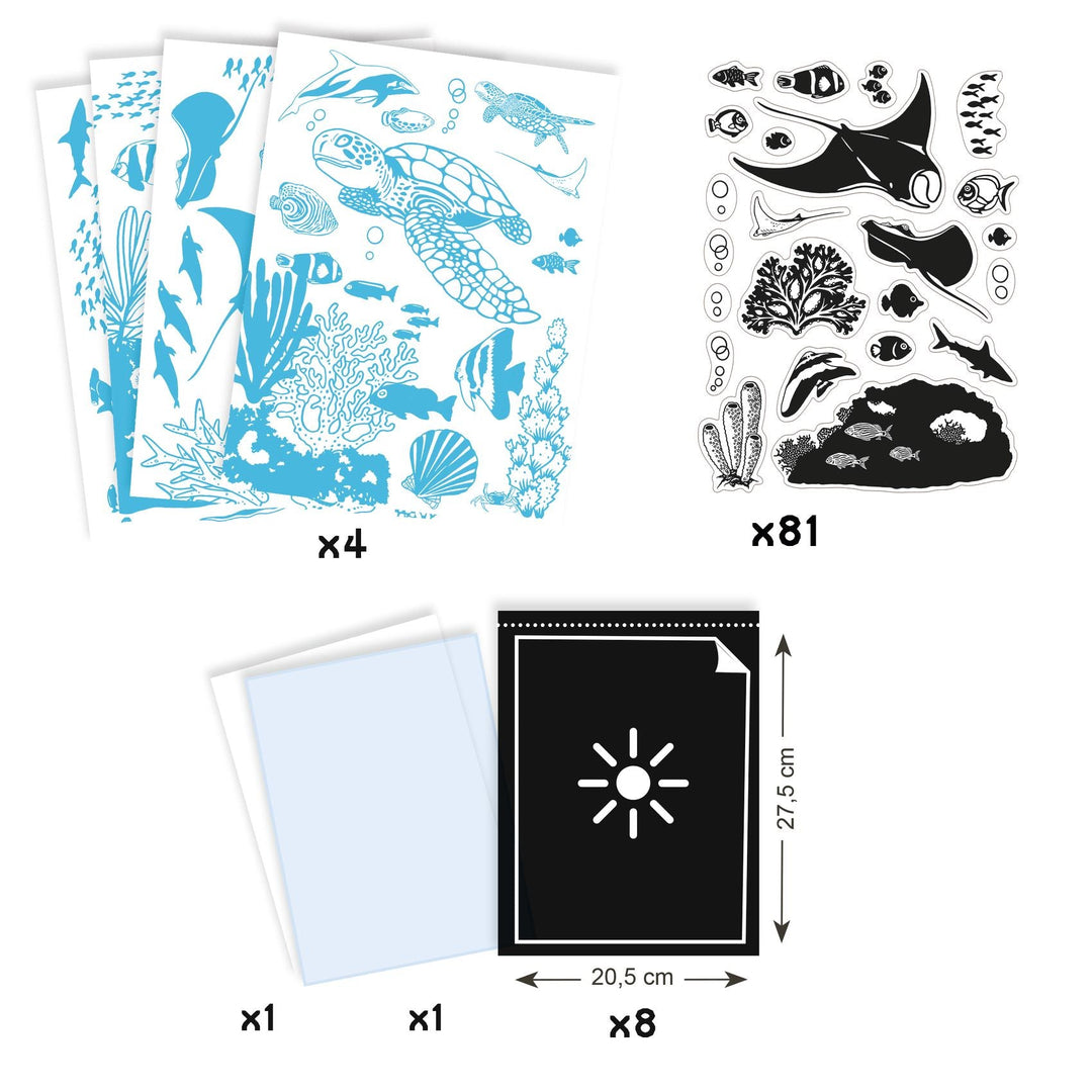 kit contents: 4 scene templates, 81 plastic stencils, and one pack of cyanotype paper