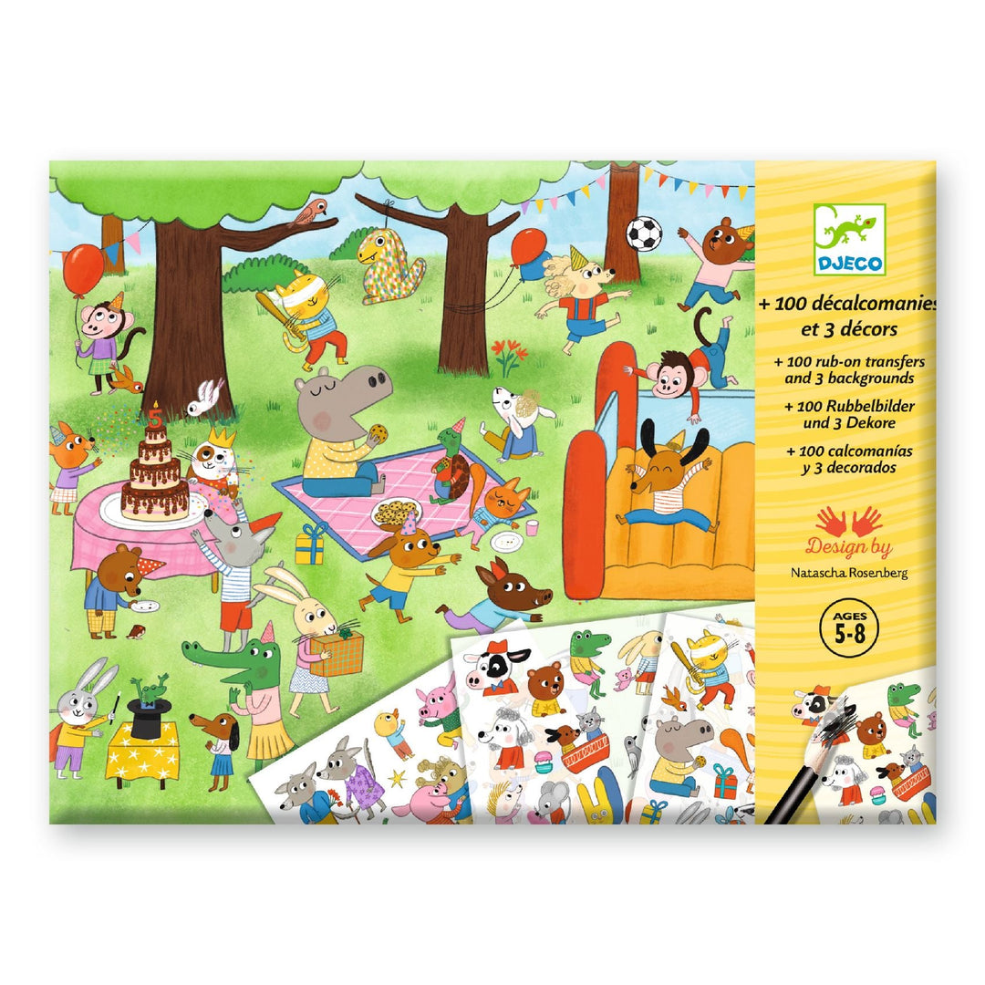 Packaging featuring a playground scene with many animal characters and party activities in a cute, cartoon style