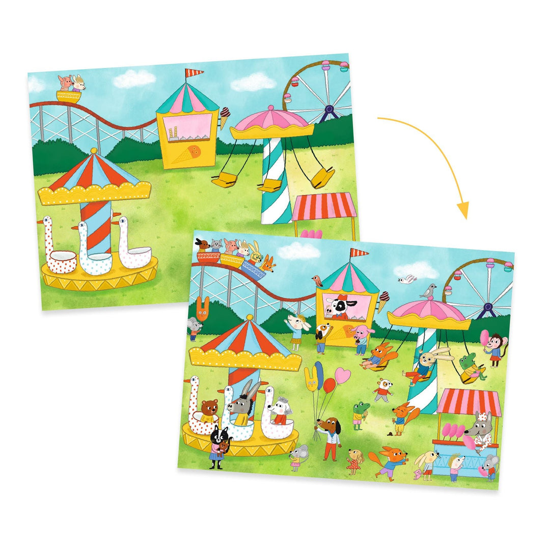 Depicts one of the scene backgrounds both before adding the rub on transfers, and after many characters and activities have been added
