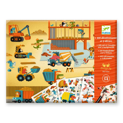 Packaging featuring a construction scene with many animal characters driving construction vehicles, in a cute, cartoon style