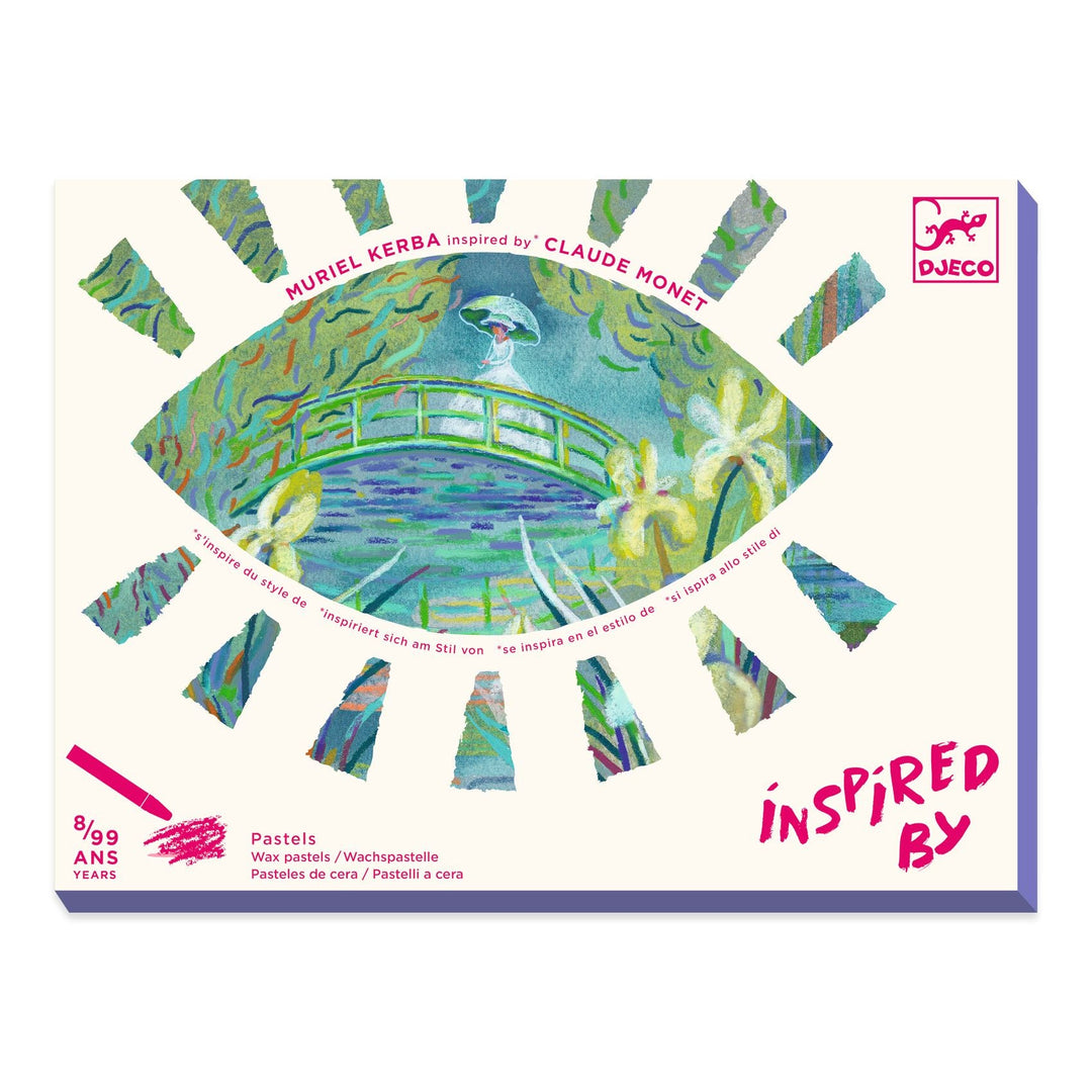 Inspired by Monet package cover featuring a painting of a white woman in white dress with white parasol crossing a green bridge over a blue pond filled with green lily pads