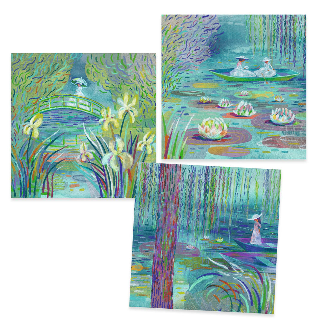  3 images inspired by Monet's famous paintings of lily pads filled lakes