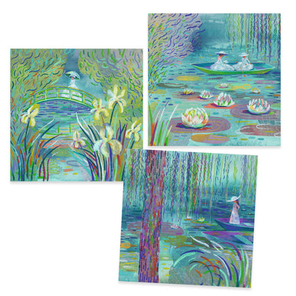  3 images inspired by Monet's famous paintings of lily pads filled lakes