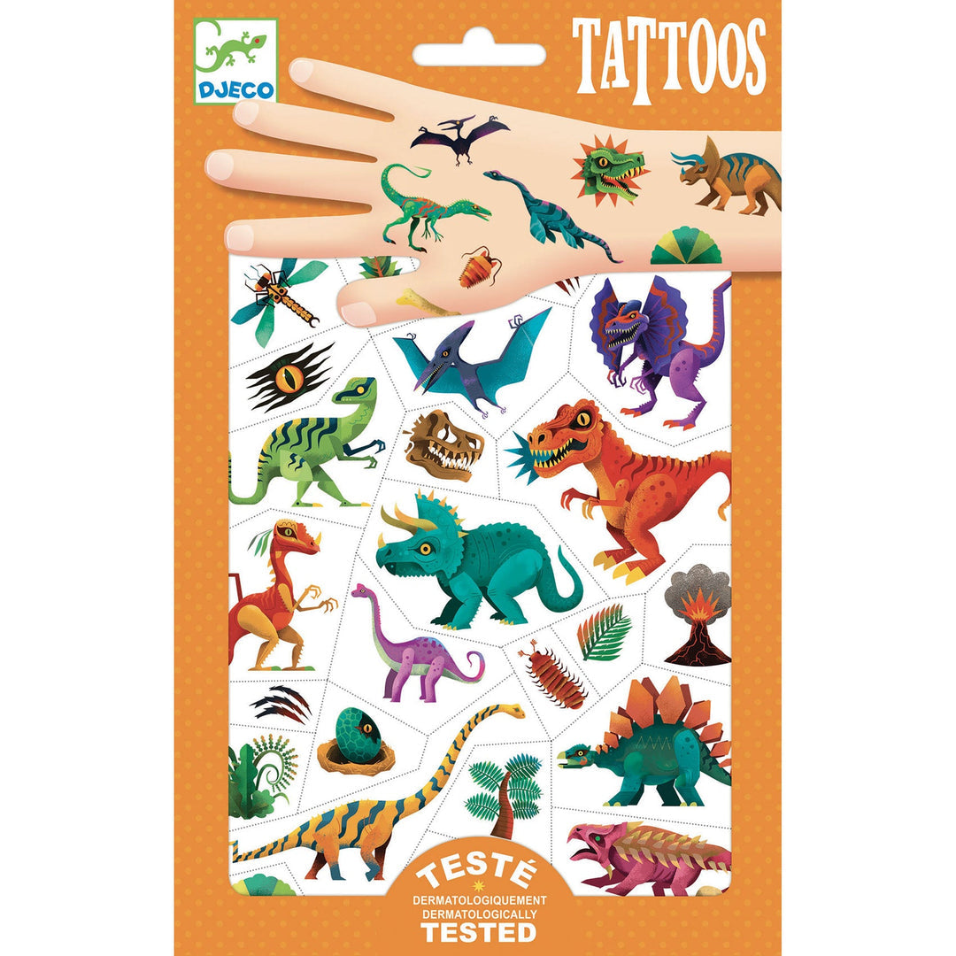 orange package of temporary tattoos showing a variety of dinosaurs, some are shown on a cartoon hand