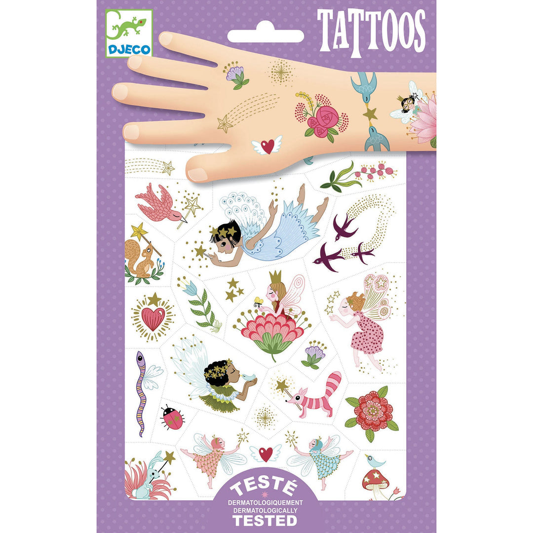 lavender package of temporary tattoos showing a variety of fairy themed tattoos, like fairies, flowers, magic wands, some are shown on a cartoon hand