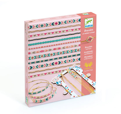 pink box picturing colorful beaded bracelets and the small loom on which they can be made