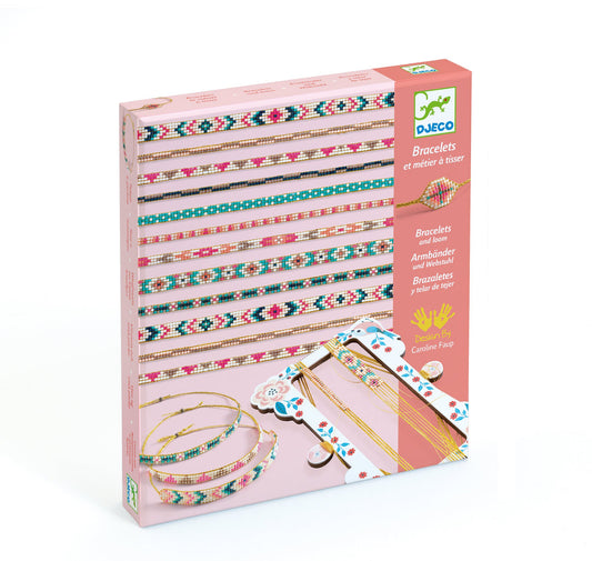 pink box picturing colorful beaded bracelets and the small loom on which they can be made