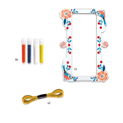 Bead loom with decorative bird and floral accents, with 4 tubes of various colored beads, and gold thread