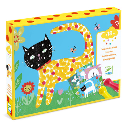 Colorful packaging featuring a black headed cat with yellow and red polka dotted body