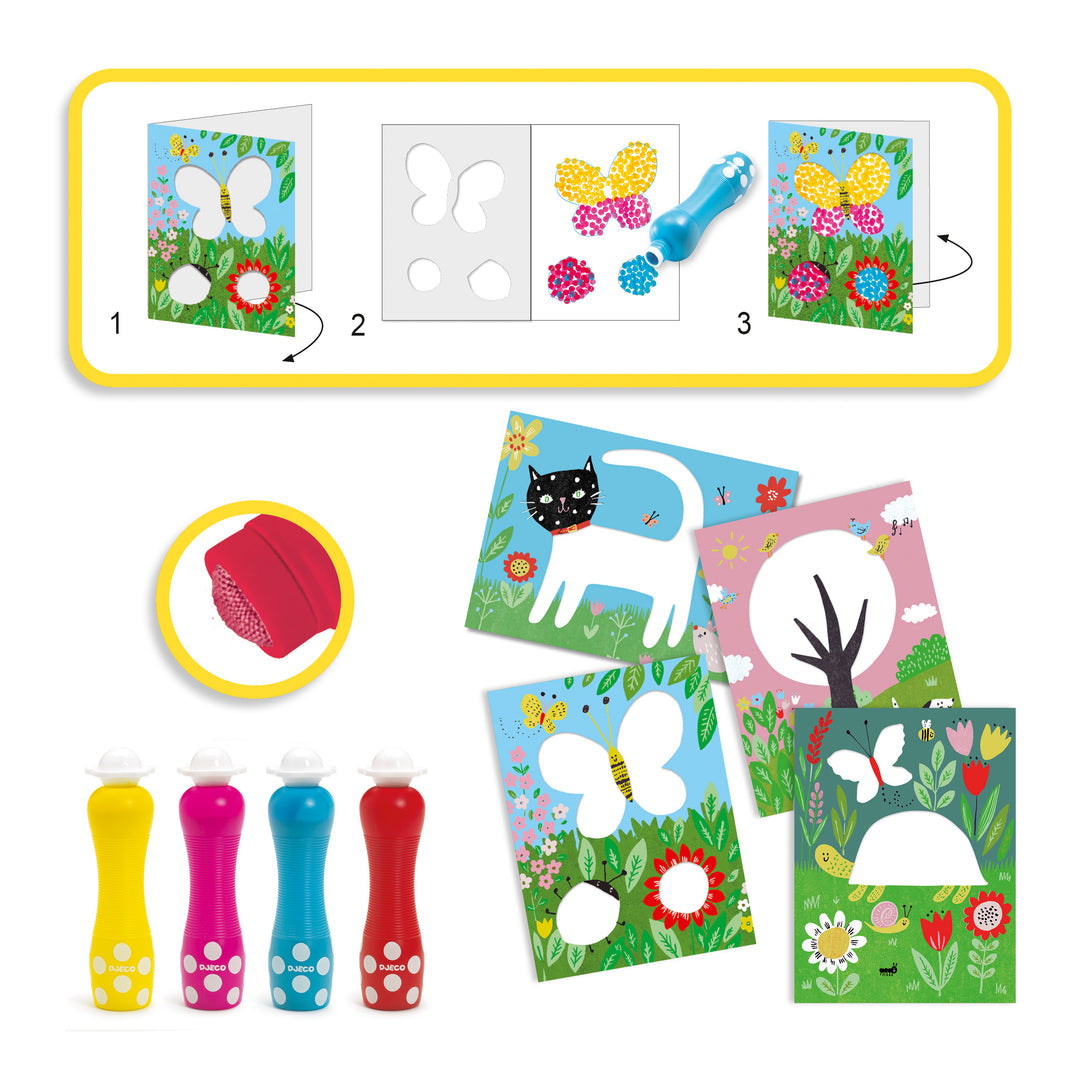 Image of painting kit contents: 4 fold over templates with a cat, tree, butterfly, and tortoise, and 4 foam dot paint markers in yellow, pink, teal, and red
