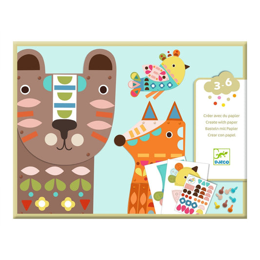 Box depicting big brown dog, red fox, and yellow and blue bird with colorful mosiac sticker accents