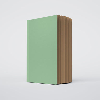 a partially open ugly book with a mint green cover and kraft brown interior pages