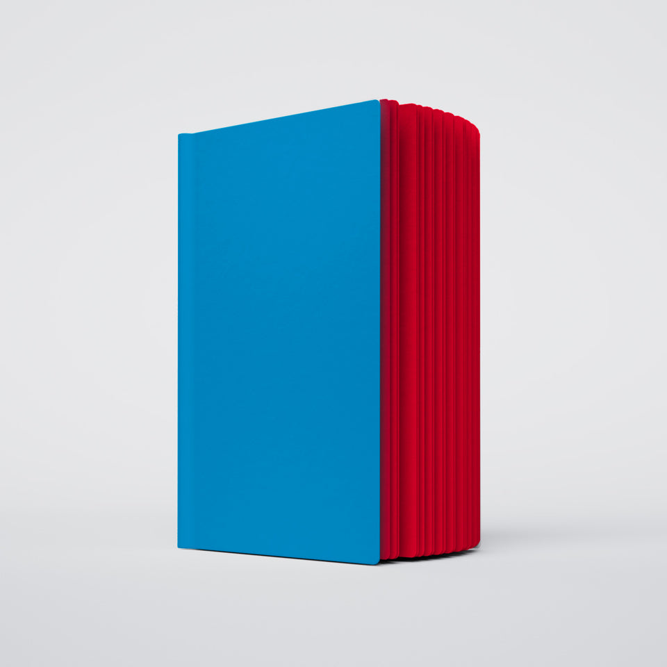 a partially open ugly book with a light blue cover with red interior pages