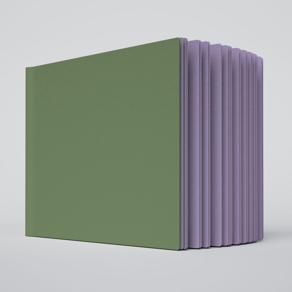 Uglybook in No 2 Tennis Elbow with a sage green cover and lavender pages