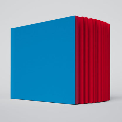 partially open ugly book with light blue cover and bright red interior pages