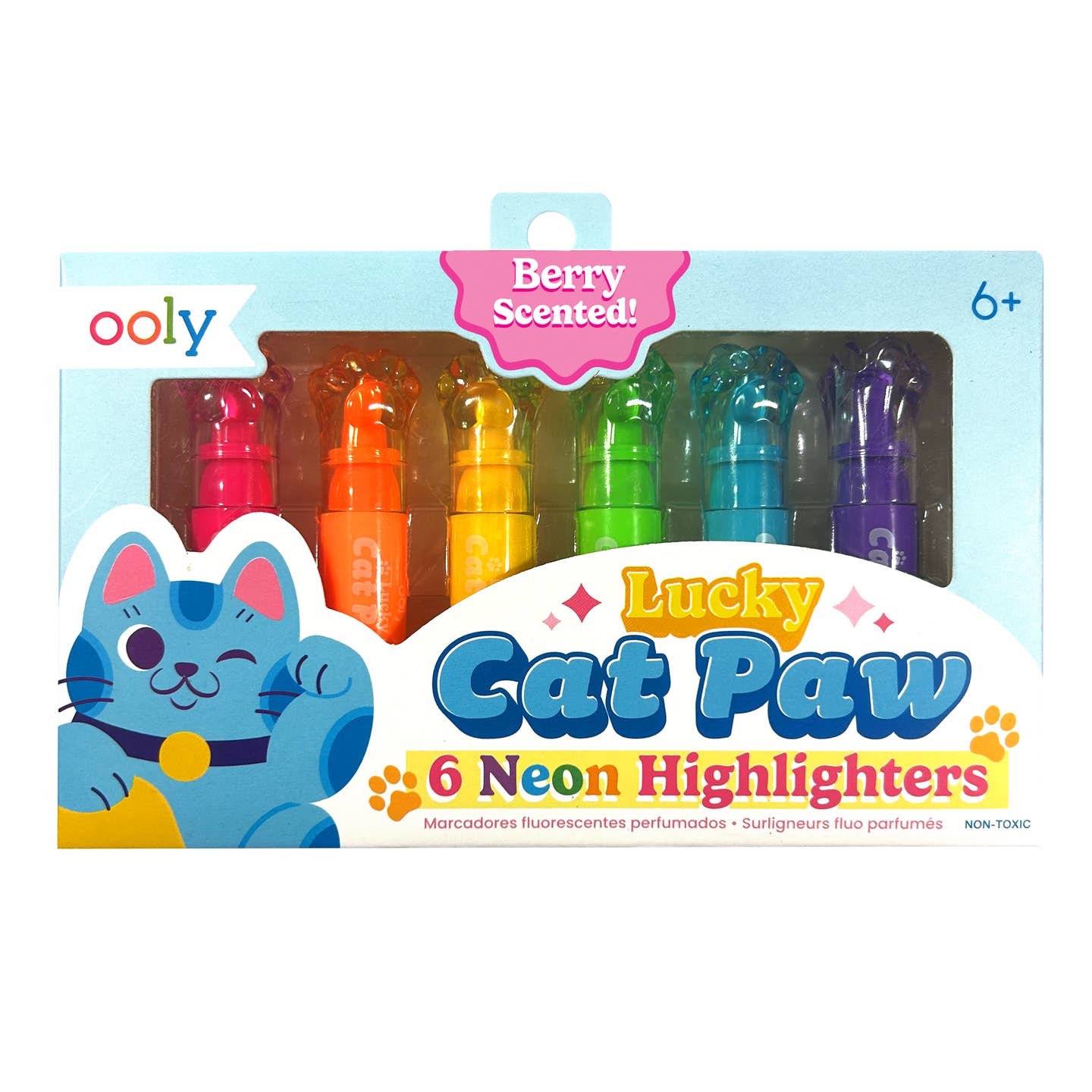 Ooly Lucky Cat Paw 6 Neon Highlighters retail packaging, featuring six colorful highlighters in the shape of cat paws visible through a clear window on a white background.