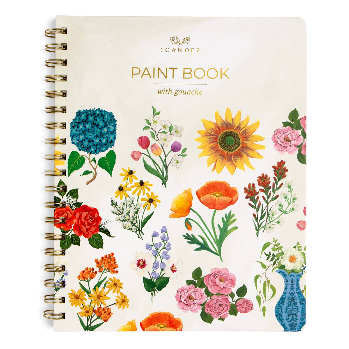 A spiral-bound paint book titled 'ICANOE2 PAINT BOOK with gouache' on a cream cover decorated with colorful floral illustrations, shown against a plain white background.