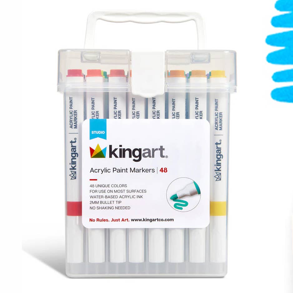Kingart Acrylic Paint Bullet Tip 2mm Marker Set of 48 colors in a clear, plastic case