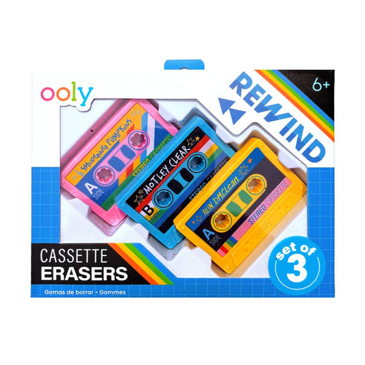 Ooly Rewind Cassette Erasers set of 3 in a white and blue retail box, featuring three colorful cassette-shaped erasers in pink, blue, and yellow.