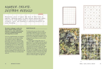 Interior page spread. Left page is sage green with hand written title that reads, "Number, Create, Destroy, and Rebuild" with instructions for a drawing exercise. Right page is white with illustrations of the drawing excerise with a drawing that has been gridded off, numbers, and cut apart.