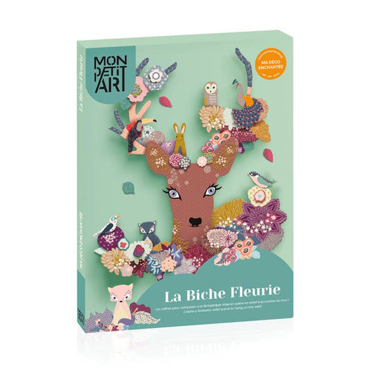 Mon Petit Art "La Biche Fleurie" The Flowered Doe craft kit box, featuring a whimsical deer design with flowers, birds, and animals on a mint green background.