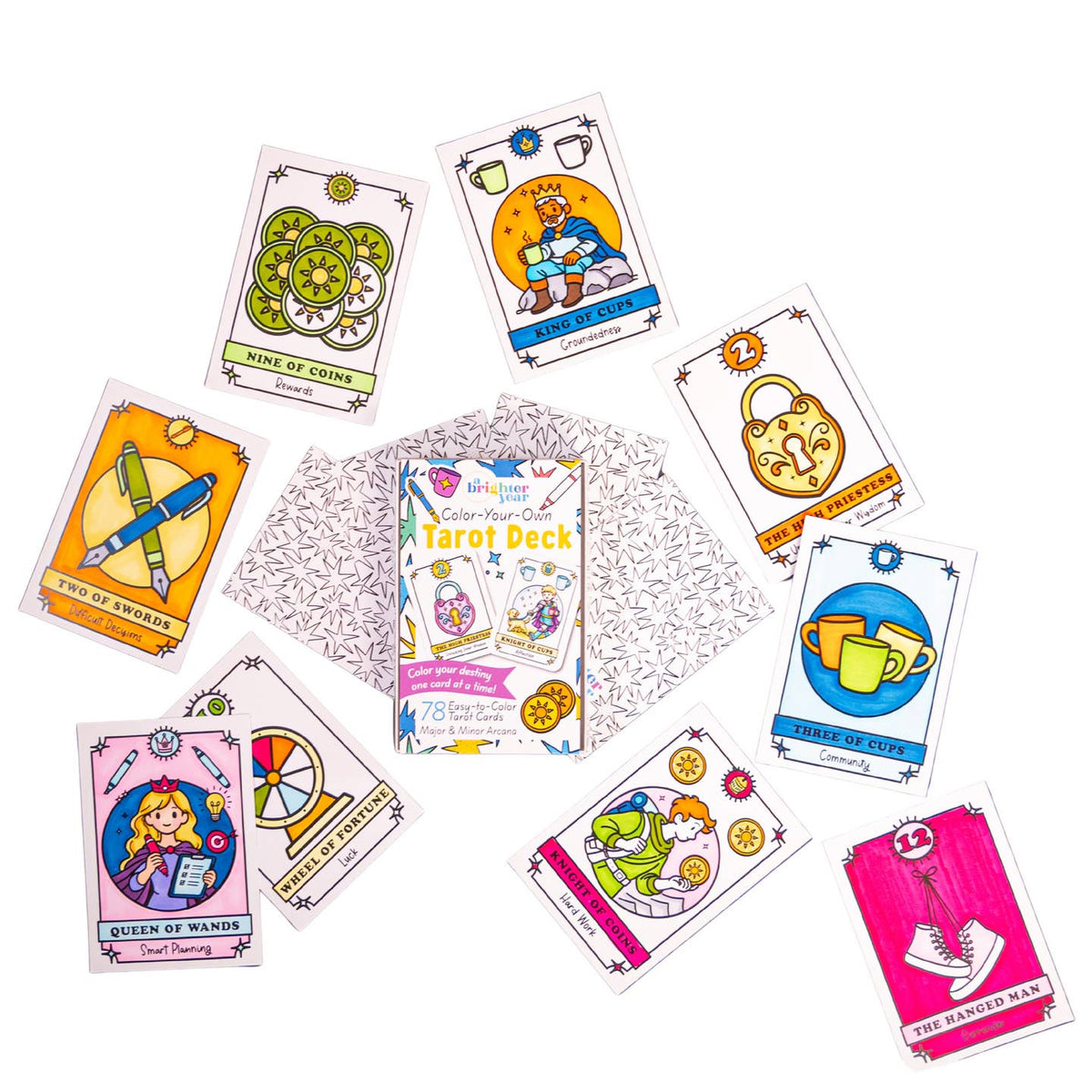 Layflat view of a few of the cards in the Brighter Year Color Your Own Tarot Deck
