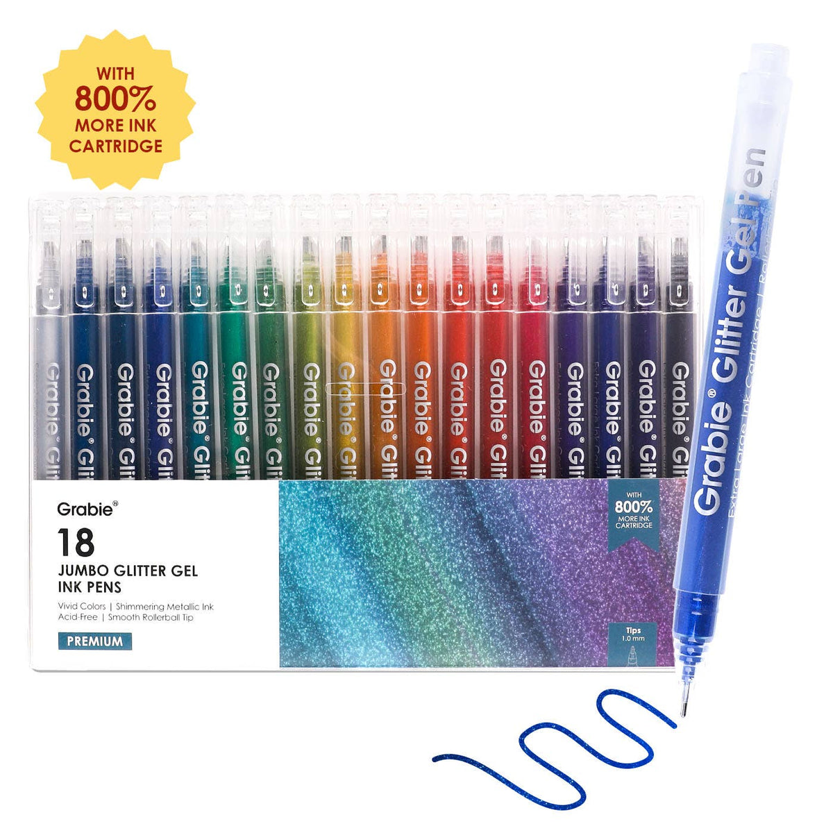 Retail packaging of Grabie's Jumbo Glitter Gel Pen set with a speech bubble that reads, "with 800% more ink cartridge"