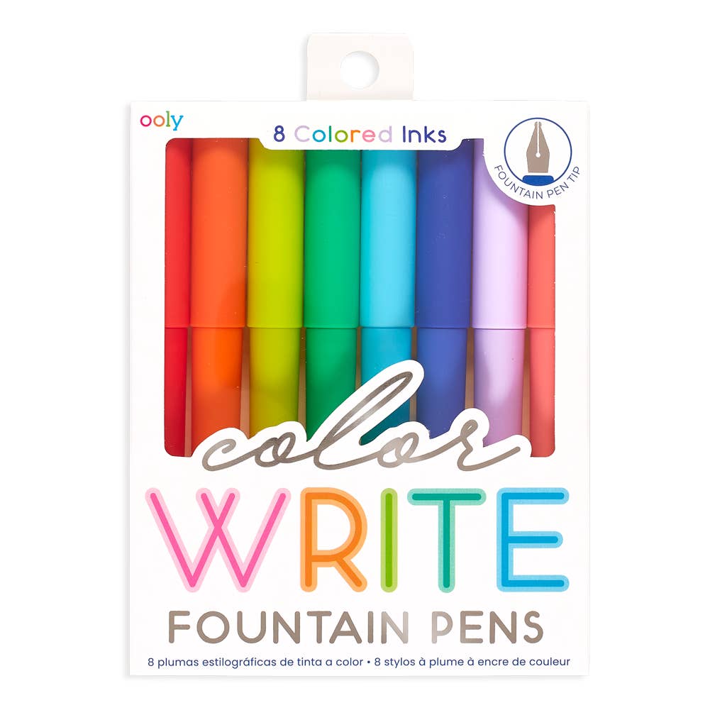 Ooly Color Write Fountain Pen set in retail packaging, featuring 8 colored fountain pens with vibrant red, orange, yellow, green, blue, purple, pink, and coral tips visible through a clear window on a white box.