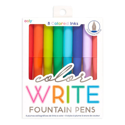 Ooly Color Write Fountain Pen set in retail packaging, featuring 8 colored fountain pens with vibrant red, orange, yellow, green, blue, purple, pink, and coral tips visible through a clear window on a white box.