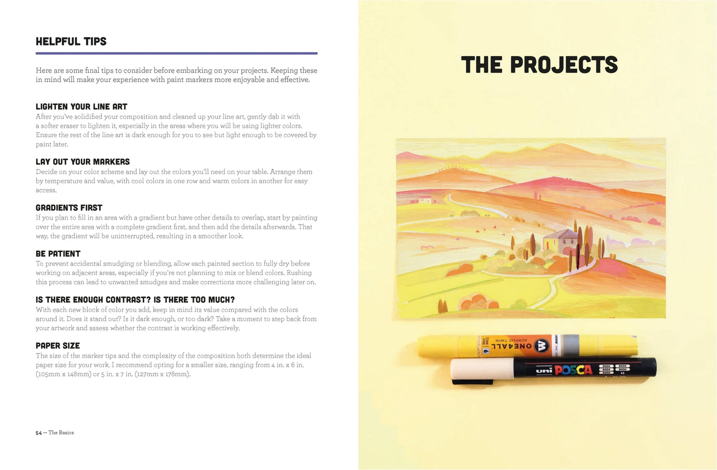 Interior page spread with helpful tips on one page and a warm, colorful illustration of a landscape on the other page under the words "The Projects".