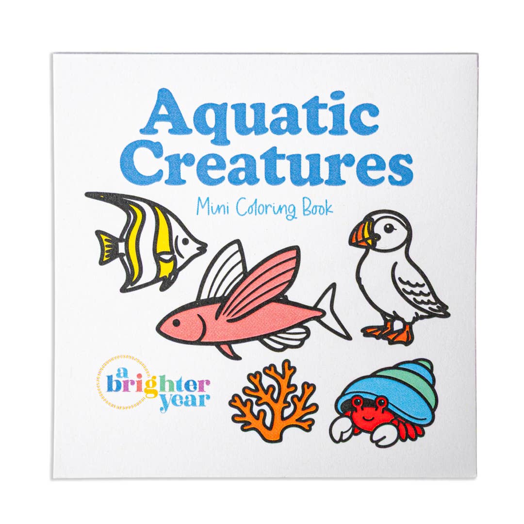 Front cover of the mini coloring book titled 'Aquatic Creatures Muni Coloring Book' on a white background, featuring illustrated sea life including a striped fish, pink fish, puffin, coral, and a hermit crab.