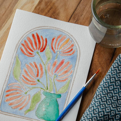 completed watercolor image of a green vase and five flowers with long  red petals