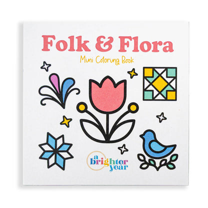 Cover of the Folk & Flora mini coloring book featuring a stylized image of a flower, bird, and quilt square