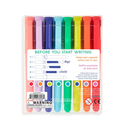 Back of retail packaging of Ooly Color Write fountain pen set showing how to insert the ink cartridges in the pens before use.