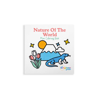 Cover of the Nature of the World mini coloring book featuring tulips, Mt Fuji, and a komodo dragon