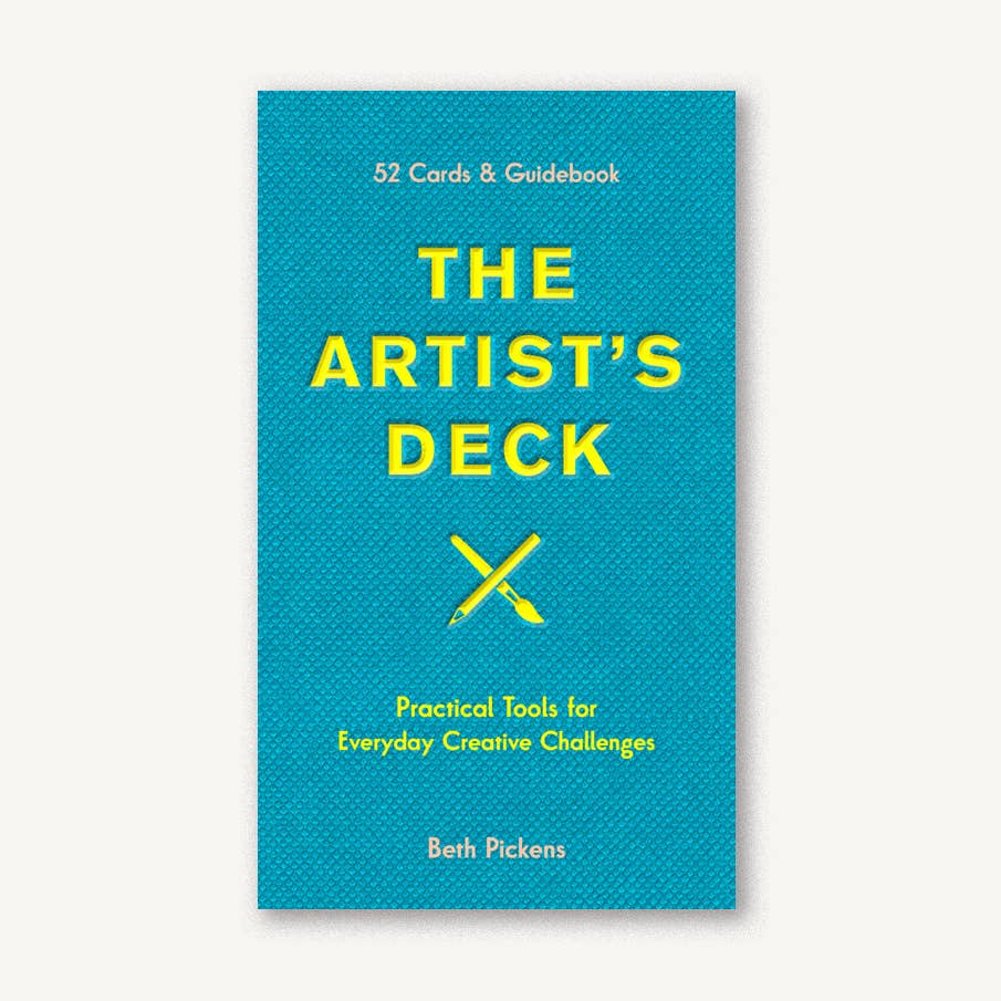 Box cover of 'The Artist's Deck' with blue background and yellow text that reads, "52 Cards & Guidebook. The Artist's Deck: Practical Tools for Everyday Creative Challenges."