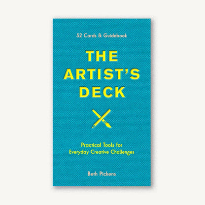 Box cover of 'The Artist's Deck' with blue background and yellow text that reads, "52 Cards & Guidebook. The Artist's Deck: Practical Tools for Everyday Creative Challenges."