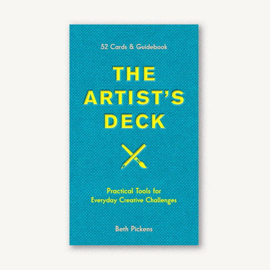 Box cover of 'The Artist's Deck' with blue background and yellow text that reads, "52 Cards & Guidebook. The Artist's Deck: Practical Tools for Everyday Creative Challenges."