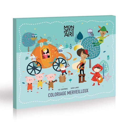 Packaging of children's coloring stories set titled 'Mon Dattari Coloriage Merveilleux' by Mon Petit Art, featuring a whimsical illustration of characters, animals, and objects on a light blue background.