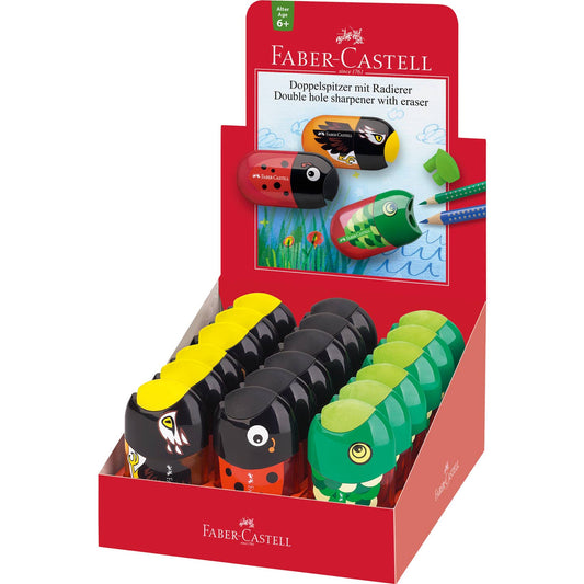 Faber-CASTELL double hole sharpener with eraser display box containing all three character designs, each with two sharpeners and one eraser, shown on a white background.