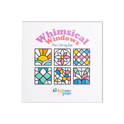 the cover of the whimsical windows book with partially colored in stained glass type window panels in variety of gem tones