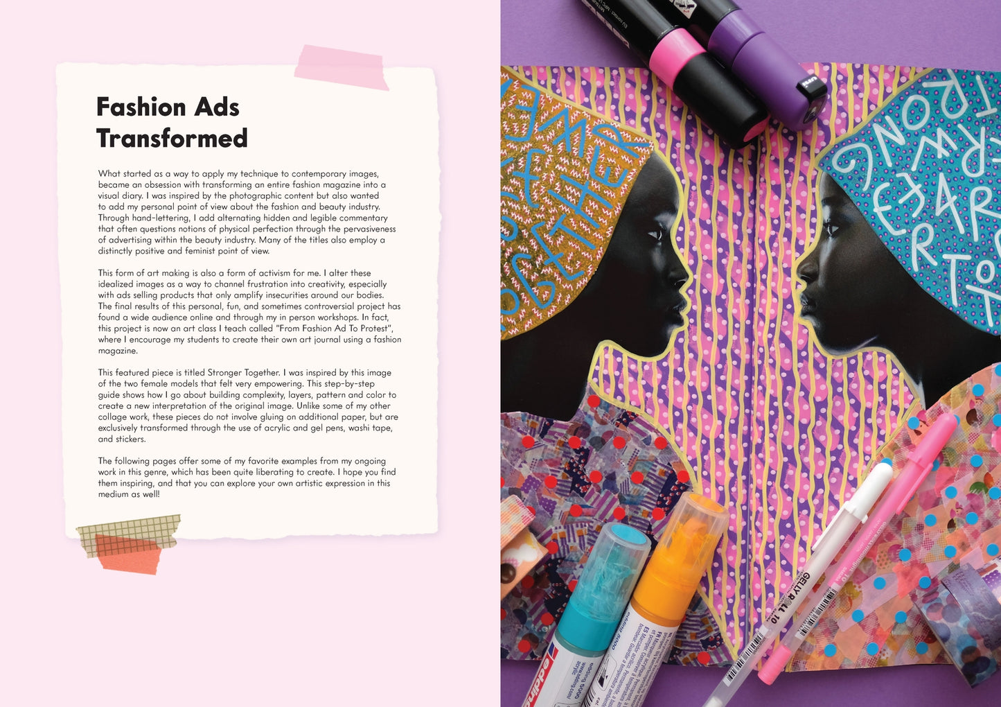 Interior Page spread with the title "Fashion Ads Transformed" on one side, and the faces of two brown skinned women facing each other on the other side with patterns and clothing collaged with paper and drawn lines, there are gel pens and acrylic paint markers laying around the image on a purple background.
